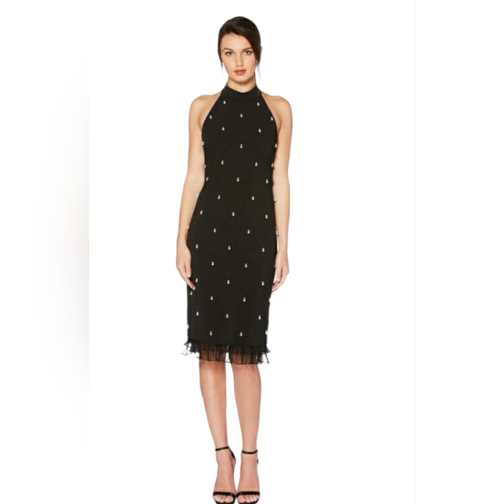 Laundry By Shelli Segal Black Pearl Embellishments & Ruffle Hem Size 6